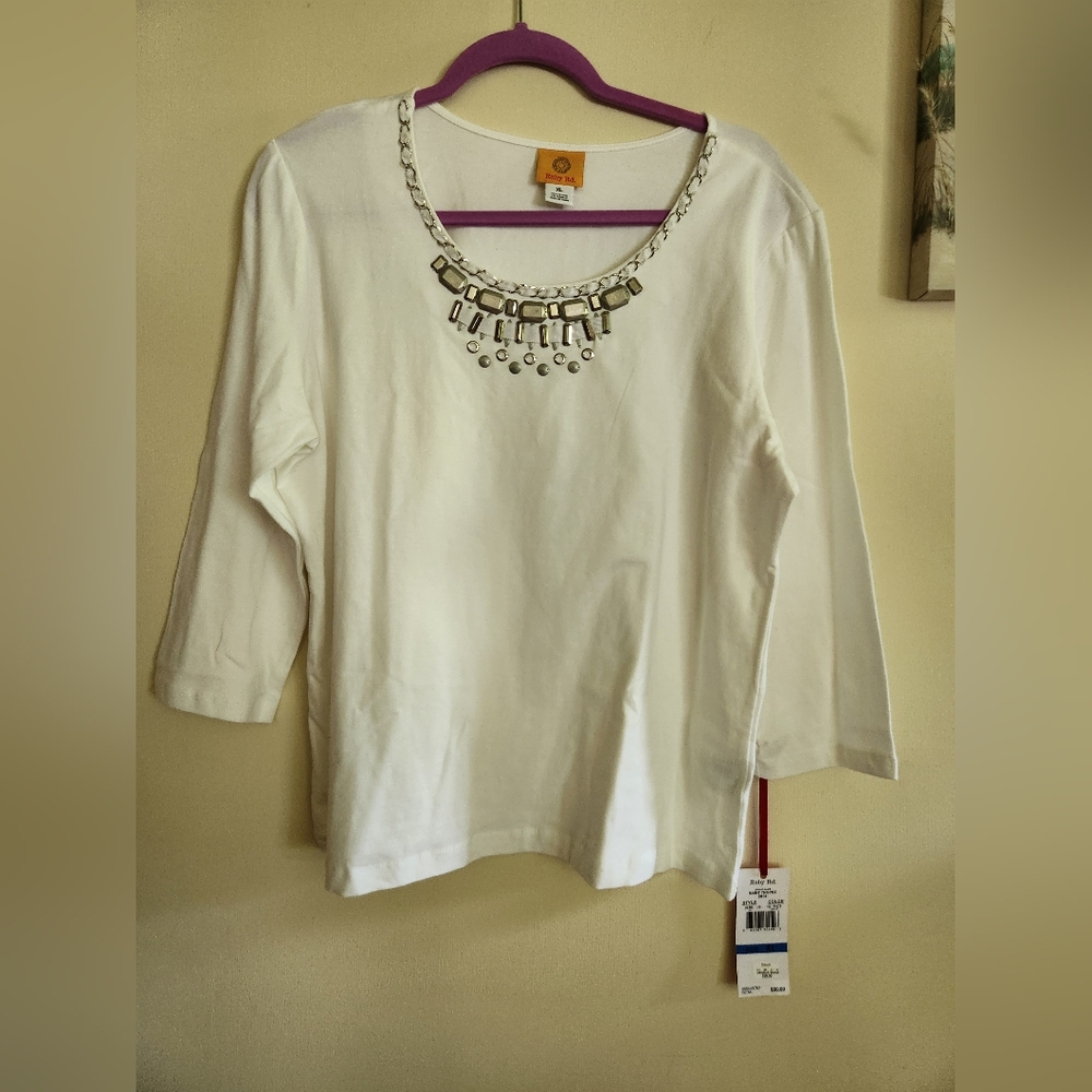 Ruby Rd white 3/4 sleeve top with embellishments XL NWT